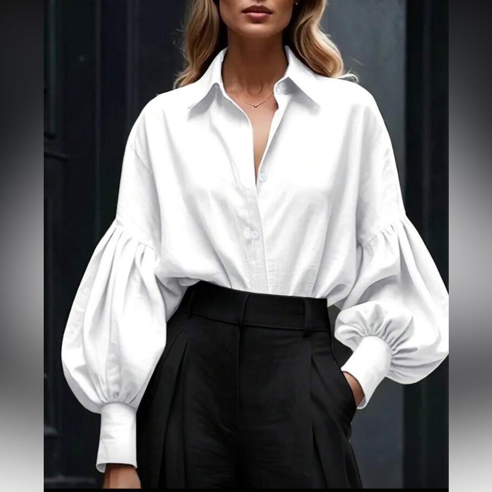 Classic Blue Balloon Sleeve Button-Down Shirt Top Blouse - Picture 4 of 6